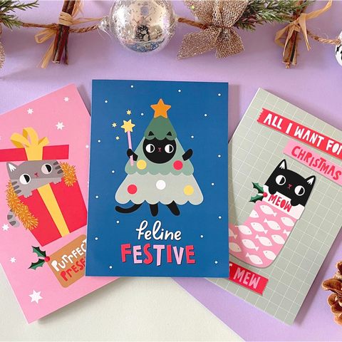 Lot de 3 Cartes de Noël chat mignon, pack 1 Paper Cat Club
