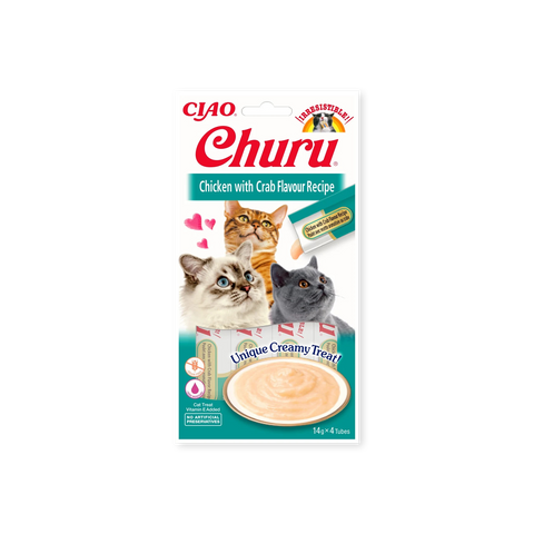 Friandise pour chats Churu Purée poulet et crabe Inaba face avant