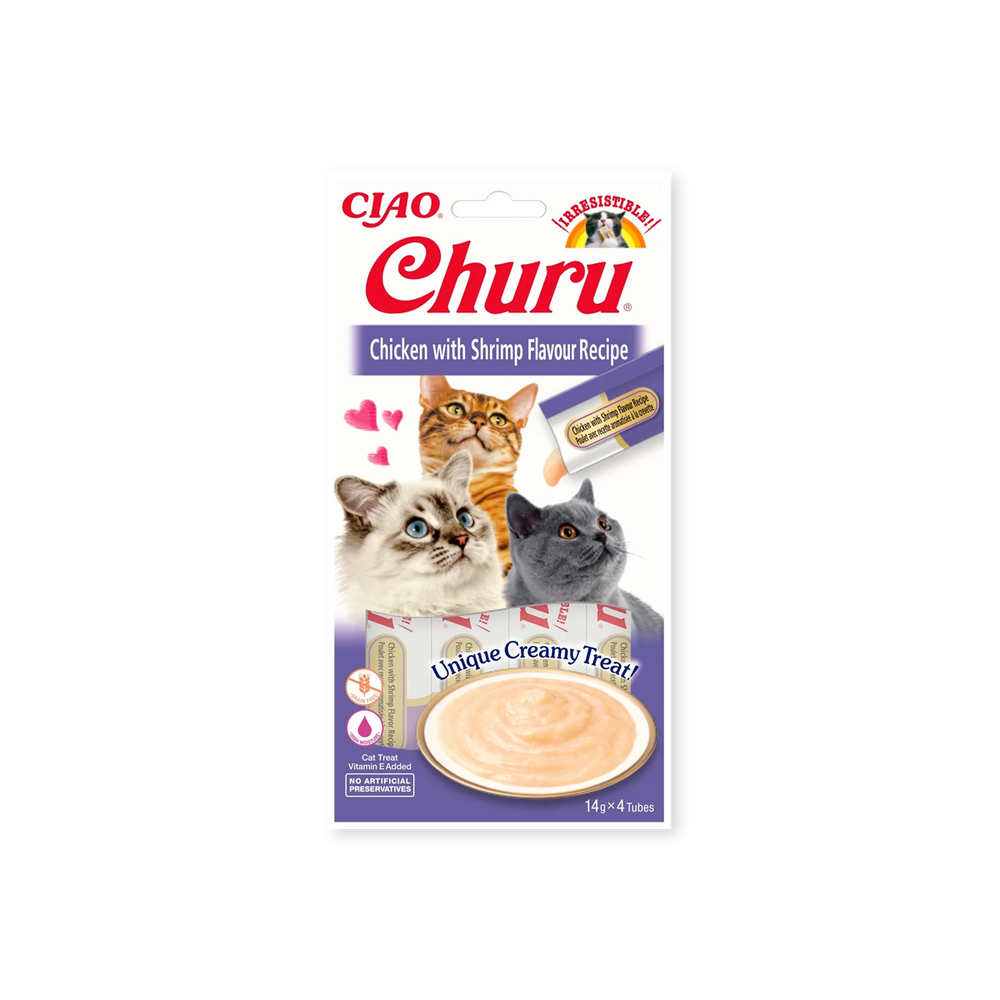 miniature Friandise pour chats Churu Purée poulet et crevette Inaba face avant