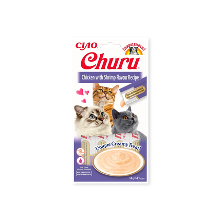 Friandise pour chats Churu Purée poulet et crevette Inaba face avant