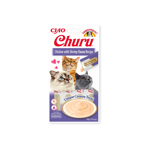 Friandise pour chats Churu Purée poulet et crevette Inaba face avant