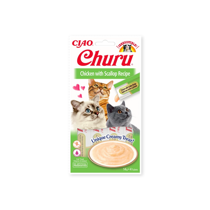 Friandise pour chats Churu Purée poulet et pétoncle Inaba face avant