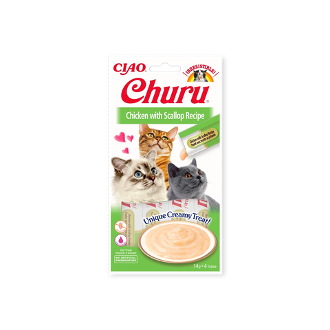 Friandise pour chats Churu Purée poulet et pétoncle Inaba face avant