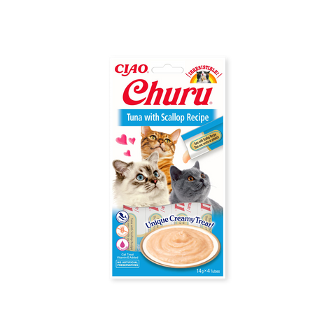 Friandise pour chats Churu Purée thon et pétoncle Inaba face avant